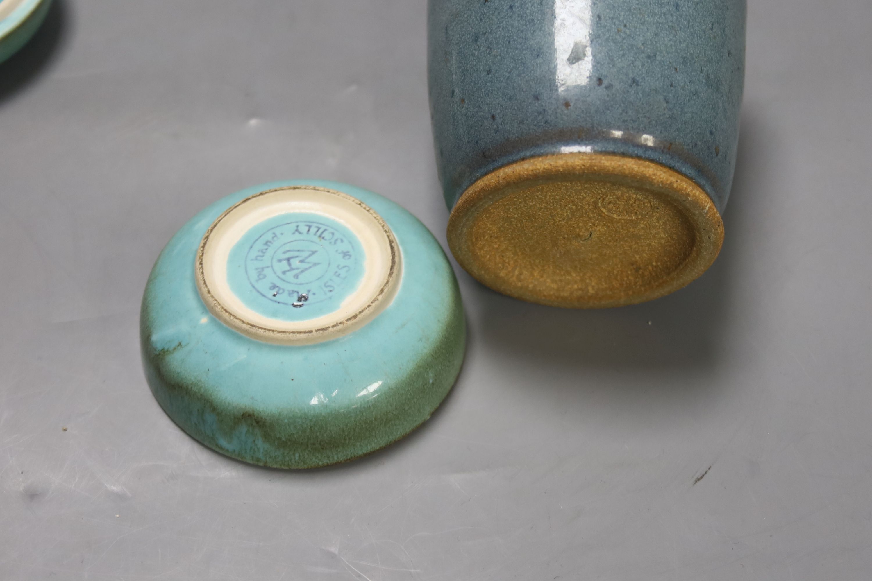A robin’s-egg glazed Studio pottery vase, height 11.5cm, and a box